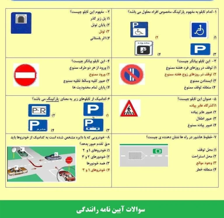 نمونه سوالات آیین نامه راهنمایی و رانندگی پایه دو با جواب pdf